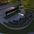 Beautiful Garden Feature With Circular Seating Lush Greenery And Soft Lighting
