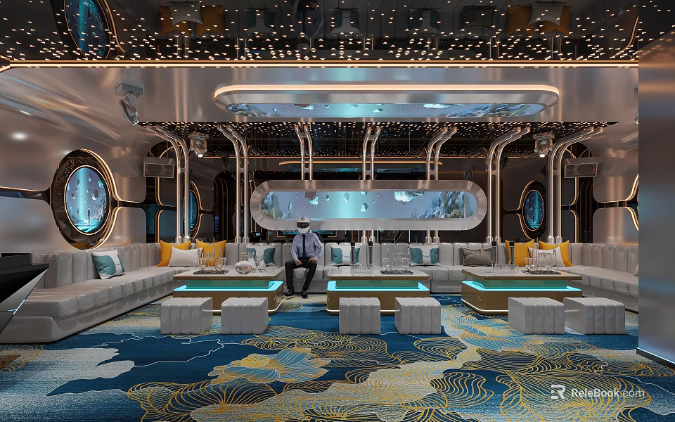 Modern Luxurious KTV Lounge Interior With Sofas Coffee Tables Lighting And Decorative Carpet 3d model 