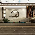 Traditional Teahouse Interior Design Featuring Circular Doorways Wooden Lattice And Wooden Tables Chairs