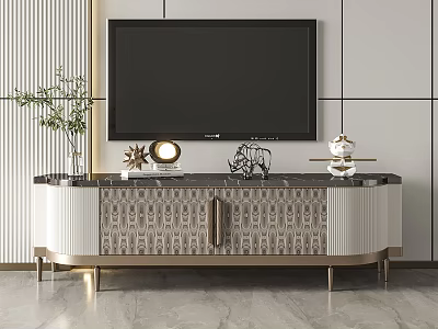 Elegant Modern TV Stand With Patterned Panels Gold Metal Legs Marble Top And Ornaments 3d model