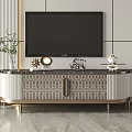 Elegant Modern TV Stand With Patterned Panels Gold Metal Legs Marble Top And Ornaments