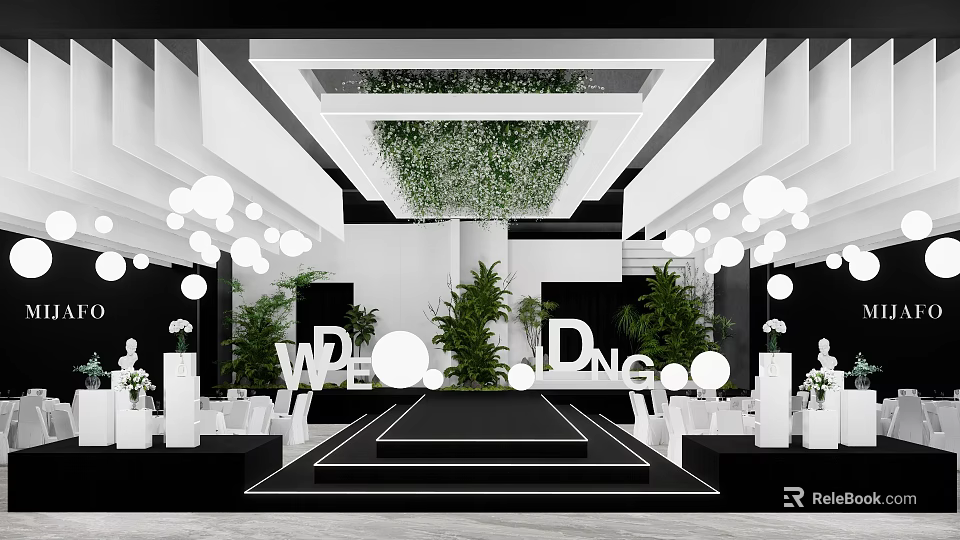 Wedding Banquet Hall With Greenery Ceiling Round Pendant Lights White Chairs And Stage 3d model 