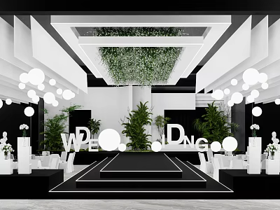Wedding Banquet Hall With Greenery Ceiling Round Pendant Lights White Chairs And Stage 3d model