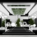 Wedding Banquet Hall With Greenery Ceiling Round Pendant Lights White Chairs And Stage