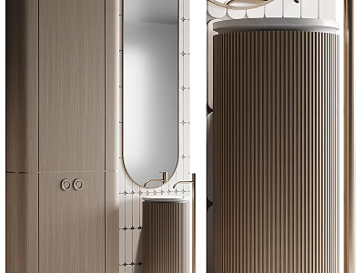 Modern Bathroom Combination With Round Mirror Wooden Cabinet And Ceramic Sink Design 3d model