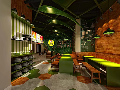 Stylish Restaurant Interior With Green Counters Wooden Walls Pendant Lights And Geometric Flooring 3d model