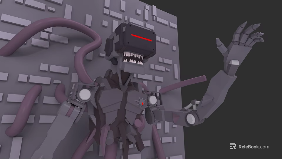 Mechanical Creature With Purple Tentacles Red Eye Screen Sharp Teeth And Brick Wall Background 3d model 
