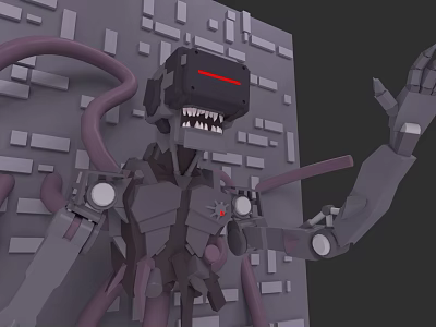 Mechanical Creature With Purple Tentacles Red Eye Screen Sharp Teeth And Brick Wall Background 3d model