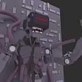 Mechanical Creature With Purple Tentacles Red Eye Screen Sharp Teeth And Brick Wall Background