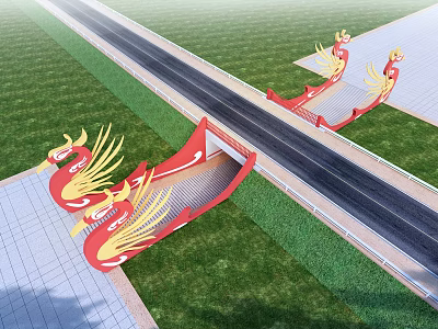 Red and Gold Winged Dragon Shaped Sculptures Along Roadside With Green Grass and Paved Areas 3d model