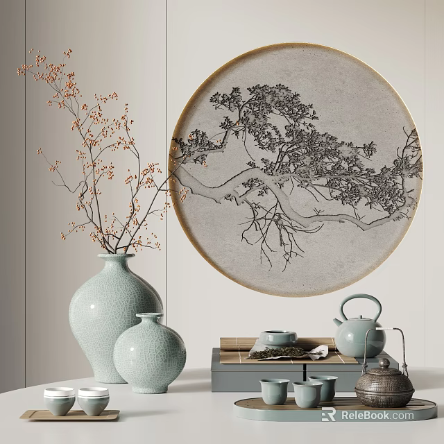 Classical Celadon Tea Set With Teapot Cups Round Tree Design Decorative Painting And Celadon Vase 3d model 