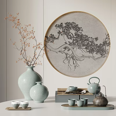 New Chinese Style Tea Set Ornaments Combination Porcelain Vase Tea Set Ornaments Tea Cup Tea Tray Song Style Vase 3d model