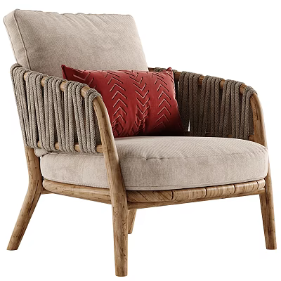 Light Beige Upholstered Armchair With Red Pillow Woven Rope Armrests And Wooden Legs 3d model