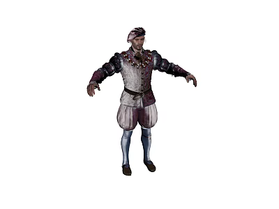 Man in Elaborate Vintage Costume With Ruffled Collar Wide Sleeves Knickerbockers Stockings And Hat 3d model