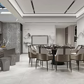Elegant Modern Restaurant Interior With Open Layout Dining Table Chairs Marble Walls And Cabinets