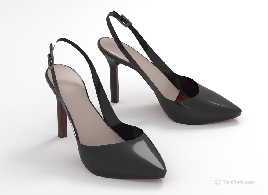 Black Patent Leather Women's Slingback High Heels With Pointed Toe And Stiletto Heel 3d model 