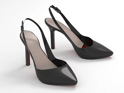 Black Patent Leather Women's Slingback High Heels With Pointed Toe And Stiletto Heel 3d model