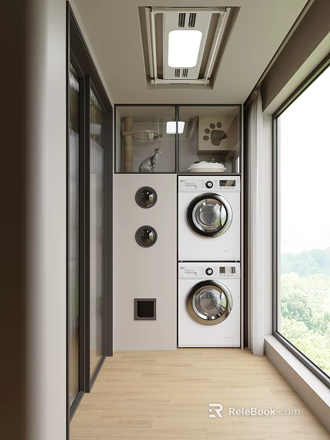 Modern Home Balcony Design With Stacked Washer Dryer Pet Storage Shelf And Natural Light View 3d model 