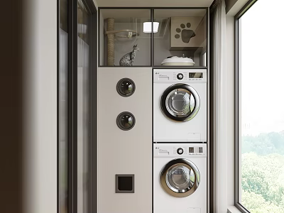 Modern Home Balcony Design With Stacked Washer Dryer Pet Storage Shelf And Natural Light View 3d model