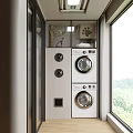 Modern Home Balcony Design With Stacked Washer Dryer Pet Storage Shelf And Natural Light View