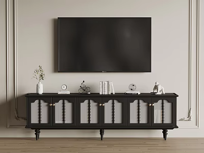 Black TV Stand With Vase Clock Books Figurines And Wall Mounted TV On Paneled Walls 3d model