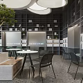Modern Book Art Space Design With Bookshelves Green Plant Tables And Bar Counter