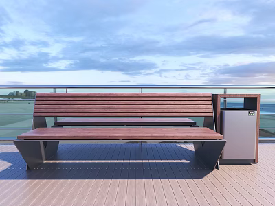 Wooden Landscape Bench With Trash Can On Scenic Outdoor Wooden Deck 3d model
