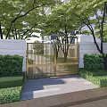 Golden Metal Entrance Gate With Gray Wall Green Trees And Stone Path