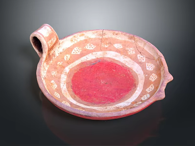 Traditional Ceramic Sculpture Carving Featuring Red White Decorative Patterns On Bowl With Handle And Cracks 3d model