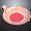 Traditional Ceramic Sculpture Carving Featuring Red White Decorative Patterns On Bowl With Handle And Cracks