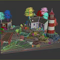 Cartoon Scene Featuring Red White Lighthouse Small House Blue Boat Trees Rocks And Water Area