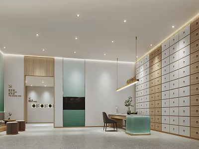 Modern Hospital Outpatient Department Interior With Wall Lockers Reception Desk And Lighting 3d model