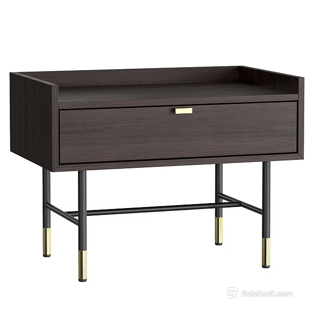 Sleek Dark Brown Wooden Bedside Table With Single Drawer Black Metal Legs Gold Feet 3d model 