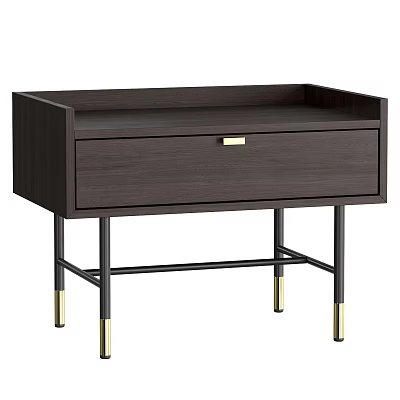 Sleek Dark Brown Wooden Bedside Table With Single Drawer Black Metal Legs Gold Feet 3d model
