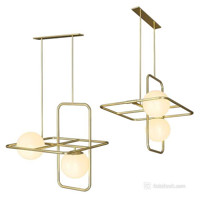 Modern Golden Geometric Frame Pendant Lights With Sphere Shades For Interior Decor 3d model 