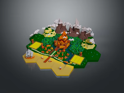 Colorful Scenic Landscape With Green Vegetation Orange Structure Clouds Mountains And Yellow Pathways 3d model