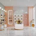 Modern Pink Green Beauty Boutique With Gold Shelves Round Display And Glass Spheres