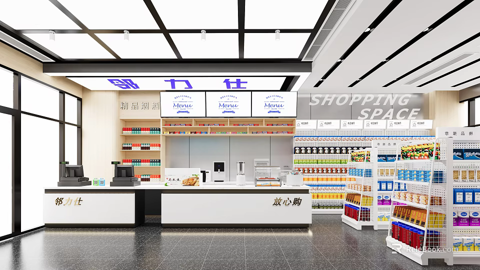 Supermarket Department Store Bright Shopping Space With Neatly Arranged Product Shelves And Checkout Counter 3d model 
