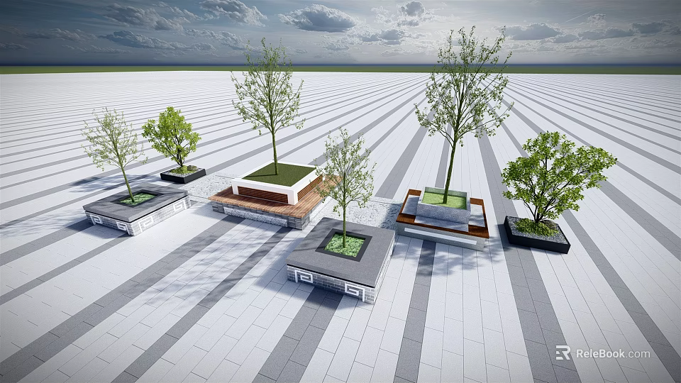 Outdoor Tree Planters Design With Stone Bases And Green Trees On Patterned Pavement 3d model