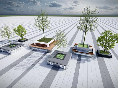 Outdoor Tree Planters Design With Stone Bases And Green Trees On Patterned Pavement 3d model