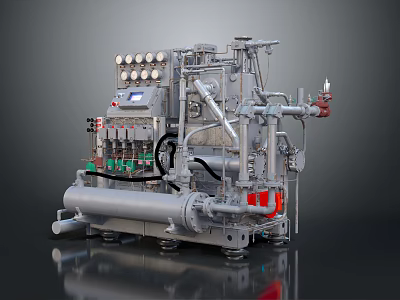 Mechanical Industrial Equipment with Gauges Control Panel Valves and Connected Metal Pipes 3d model
