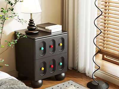 Modern Black Bedside Table With Colorful Buttons Drawers Lamp And Books 3d model