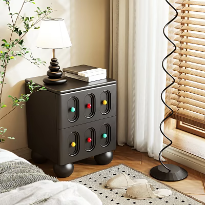 Modern Black Bedside Table With Colorful Buttons Drawers Lamp And Books 3d model