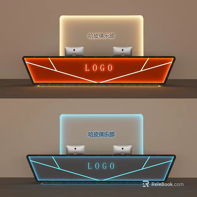 Modern Store Front Desk With Geometric Design LED Light Strips Logo Display And Computer Monitors 3d model