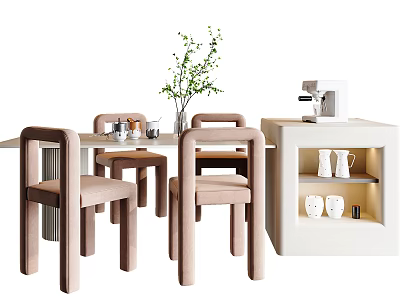Light Colored Dining Table Set with Matching Chairs Side Cabinet Coffee Machine and Greenery Vase 3d model