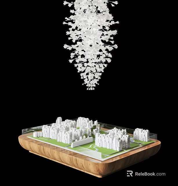 Modern City Model With White Buildings Green Area And Hanging Decorative Structure On Wooden Base 3d model 