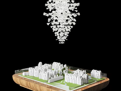 Modern City Model With White Buildings Green Area And Hanging Decorative Structure On Wooden Base 3d model