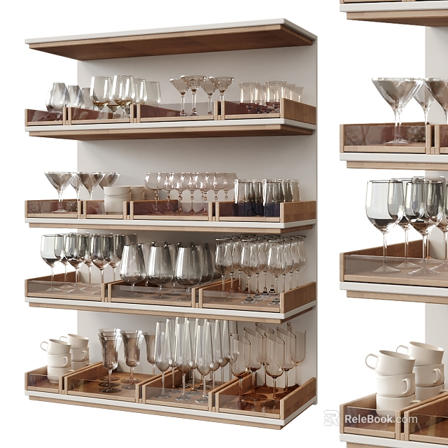 Elegant Wine Glasses Display On Wooden Shelves 3d model 