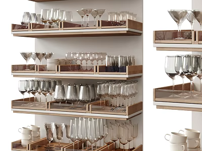 Elegant Wine Glasses Display On Wooden Shelves 3d model