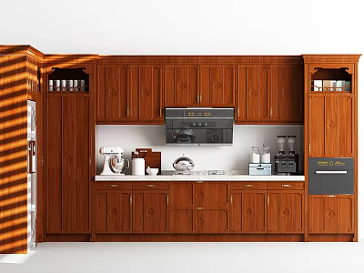 Wooden Kitchen Cabinets With Microwave Coffee Maker And Kitchen Utensils 3d model